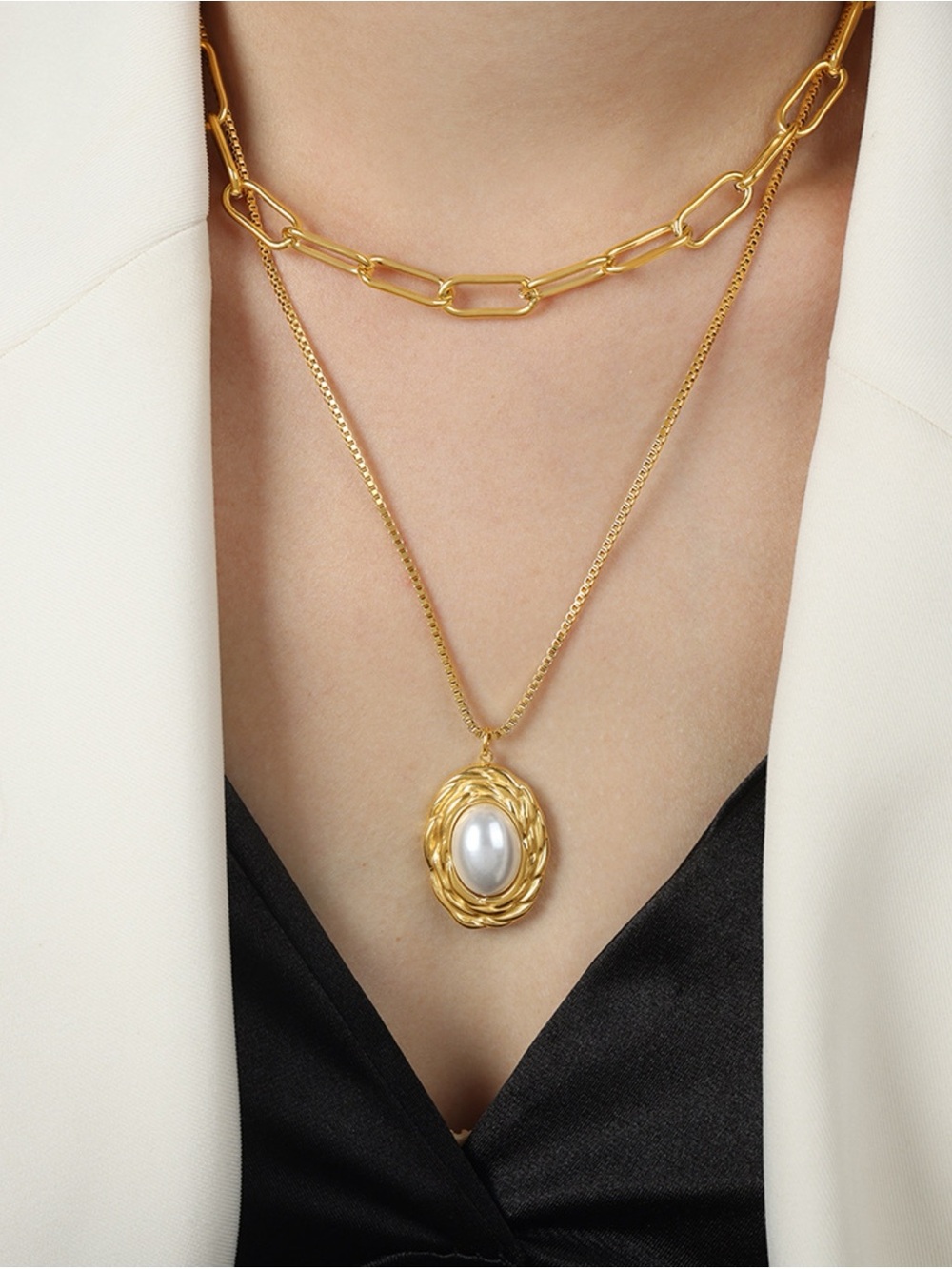 18K Gold Plated Layered Pearl Pendant Necklace Titanium Steel Paperclip Chain